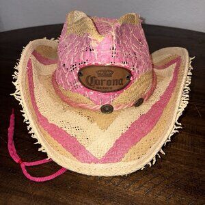 Charlie Pink Corona Mexico Cowboy Straw Hat Sz M” 7.5”inside L x 6”w (see Pics)